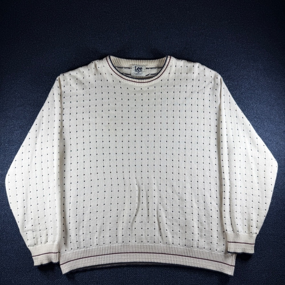 Lee Sport Knit Crewneck Sweater Mens XL 26in Pit Cream Cotton Grandpa Vintage